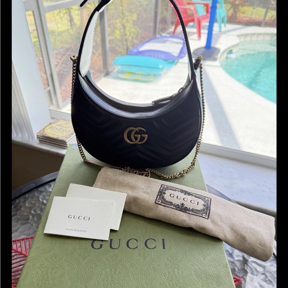Gucci Marmont Half Moon Black Shoulder Bag with Gold Accents